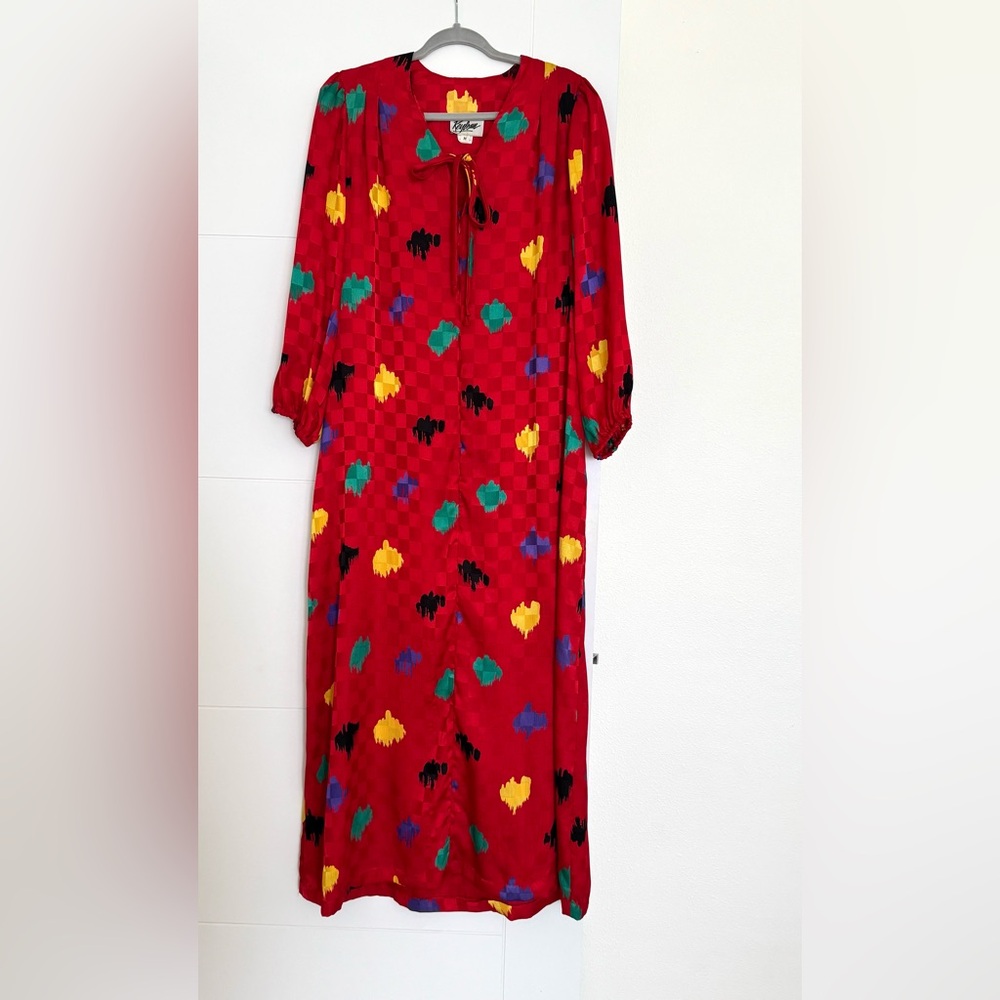 Vtg Keyloun Nite N Day Caftan Dress Hawaiian Red Zipper Maxi Gown Robe Med